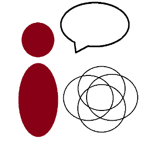 An abstract red person with a speech bubble and the plural rings underneath